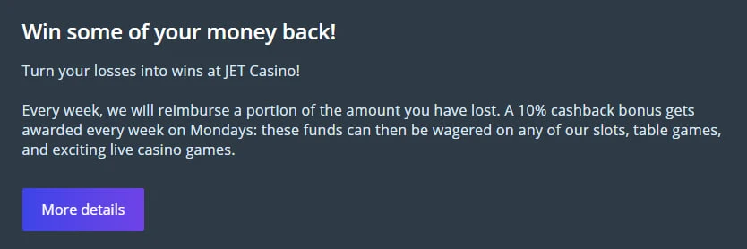 Cashback bonus Jet Casino Jet Casino Cashback bonus