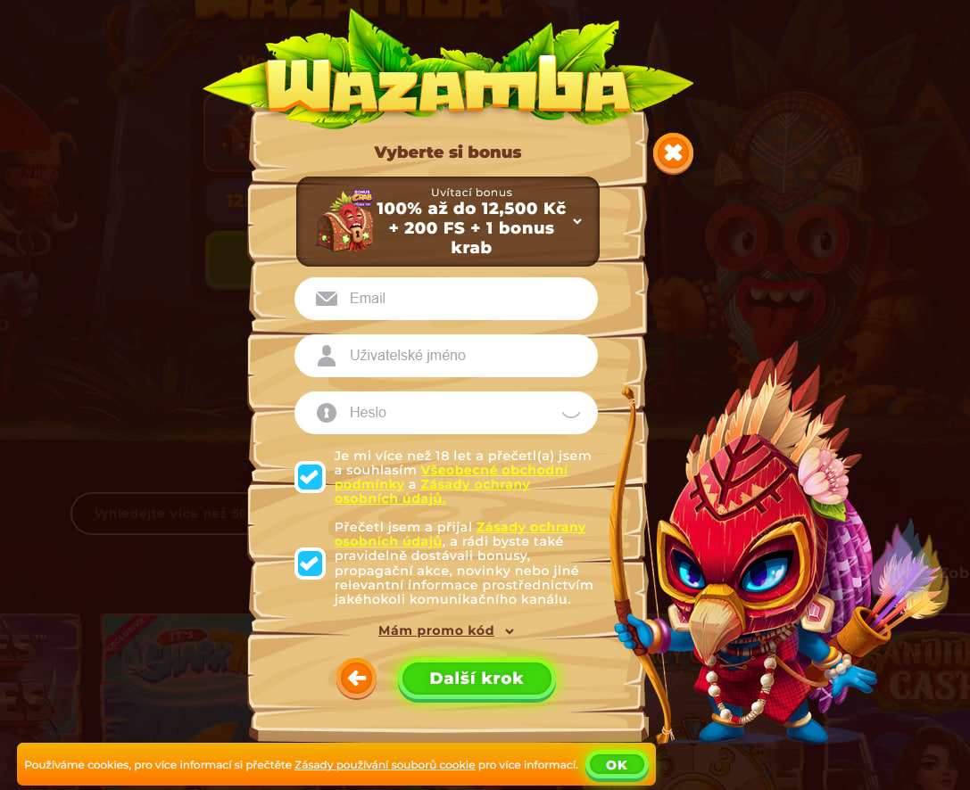 Registrační formulář Wazamba Casino Registrační formulář